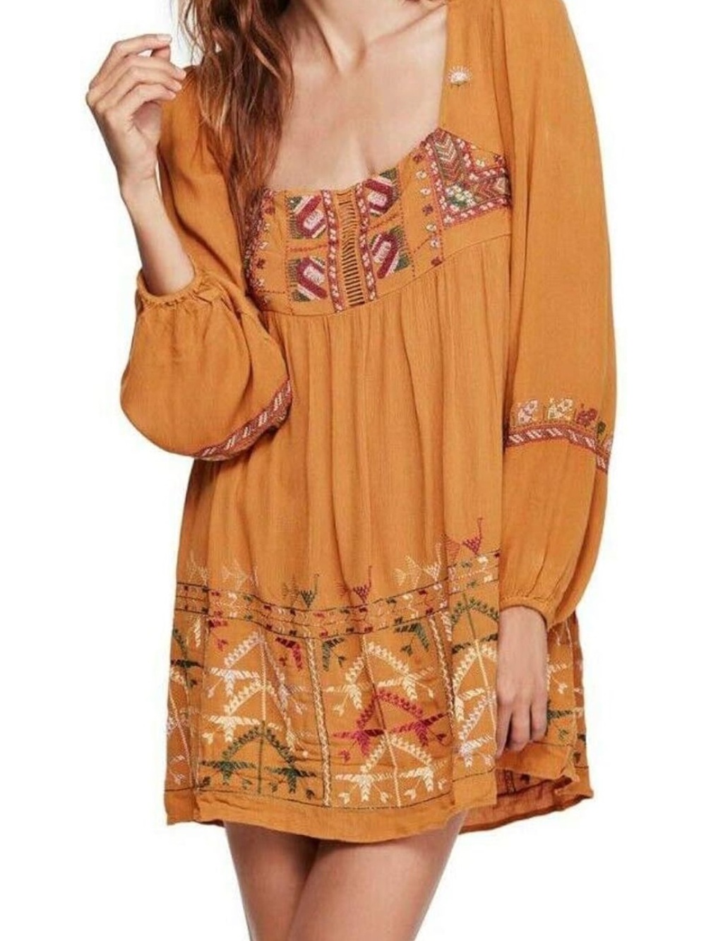 Free People Mustard Yellow Embroidered Boho Mini Dress NWT